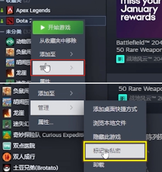 steam私密游戏怎么设置