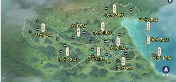 天涯明月刀手游钓鱼地点大全 钓鱼等级分布图图片1