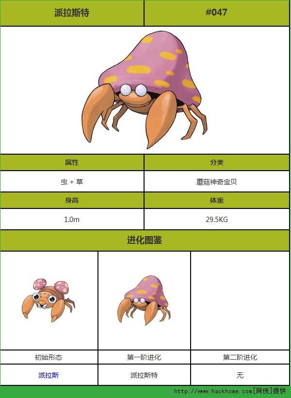 口袋妖怪移动版复刻派拉斯特图鉴 派拉斯特详解